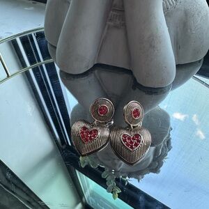 Gold Heart Earrings with Red Accents